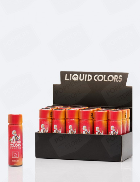 présentoir avec 18 flacons de poppers oxygen liquid colors