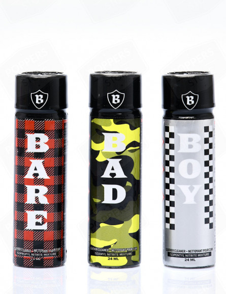 Pack Triple B 24 ml - Gamme complète Bad Boy Bare format long fin unique - Poppers Store Pack Triple B 24 ml - Gamme complète Bad Boy Bare format long fin unique - Poppers Store